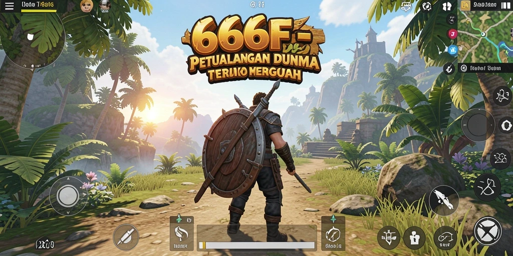 Screenshot 666F menunjukkan pemain menjelajahi dunia terbuka yang indah.