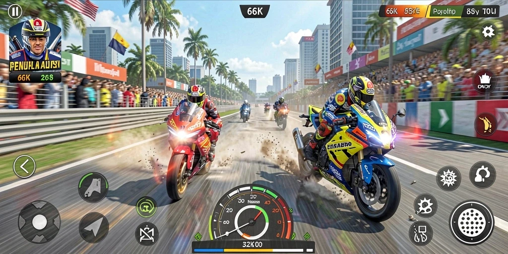 Gameplay seru dalam balapan motor di 66K.