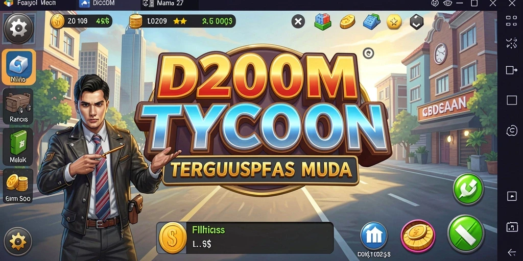 Screenshot gameplay D200M menampilkan pengelolaan bisnis yang dinamis dan menarik.