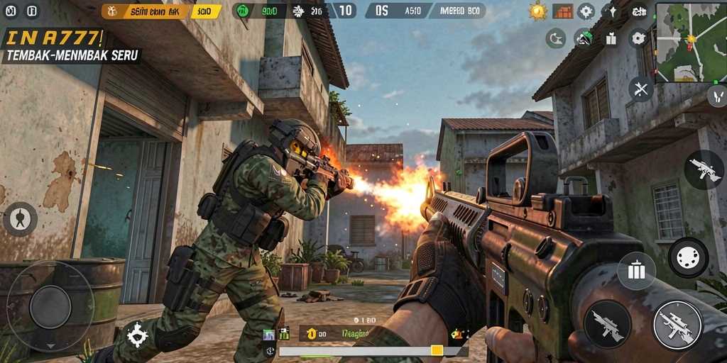 Tampilan gameplay seru dalam INA777 yang menampilkan aksi tembak-menembak.