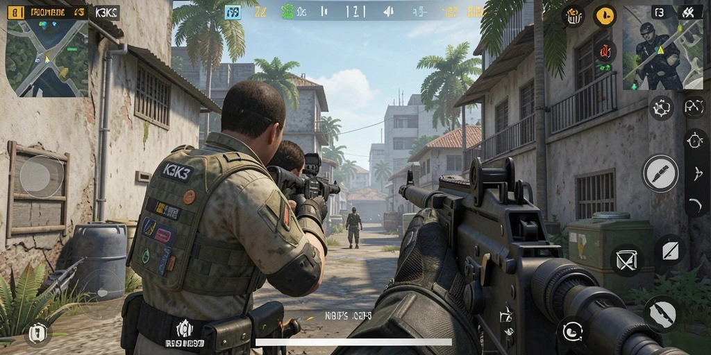 Screenshot gameplay K3K3 dengan aksi menembak yang intens.