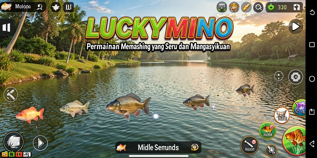 Tampilan gameplay LUCKYMINO yang menampilkan aksi memancing yang seru.