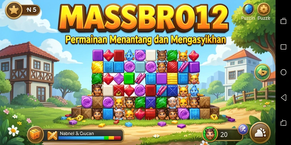 Tampilan screenshot utama dari gameplay <strong>MASBRO12</strong> yang menampilkan teka-teki menarik dan antarmuka pengguna.