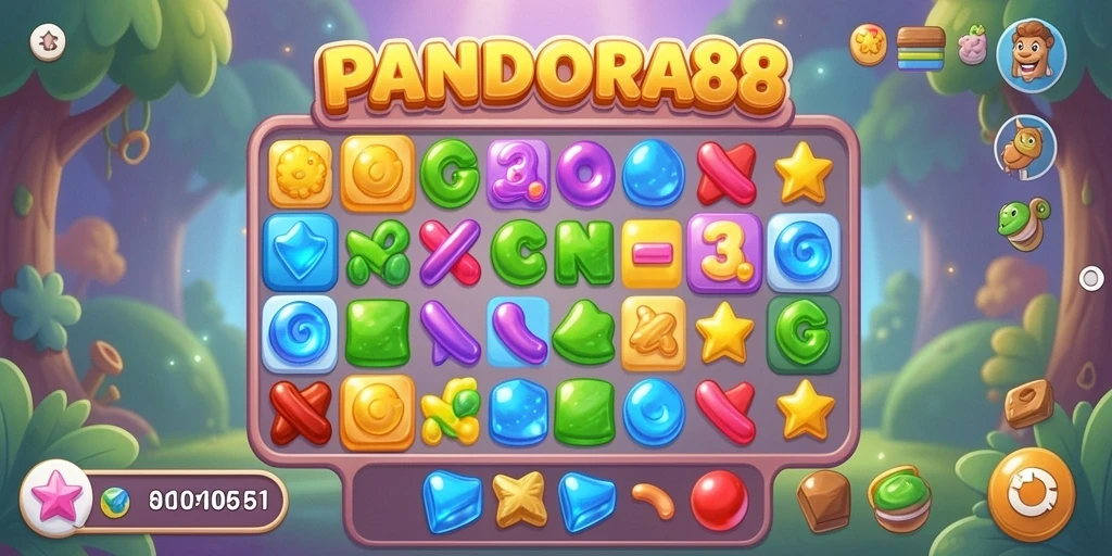 Screenshot dari gameplay PANDORA88 dengan elemen Match-3 yang penuh warna.