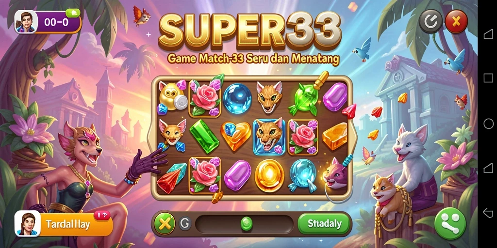 Gameplay SUPER33 yang penuh warna dan tantangan Match-3.